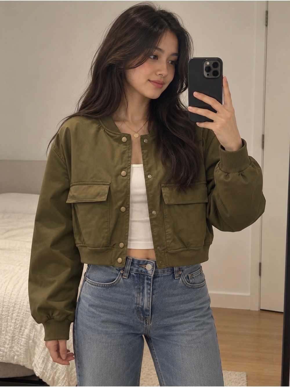 Cropped Olive Green Bomber Jacket with Front Flap Pockets